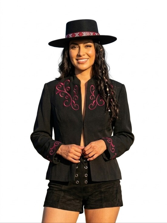 Ann Travis Jackets & Blazers - ANN TRAVIS Vintage Black Collarless Blazer with Red Embroidery Size 16W Petite